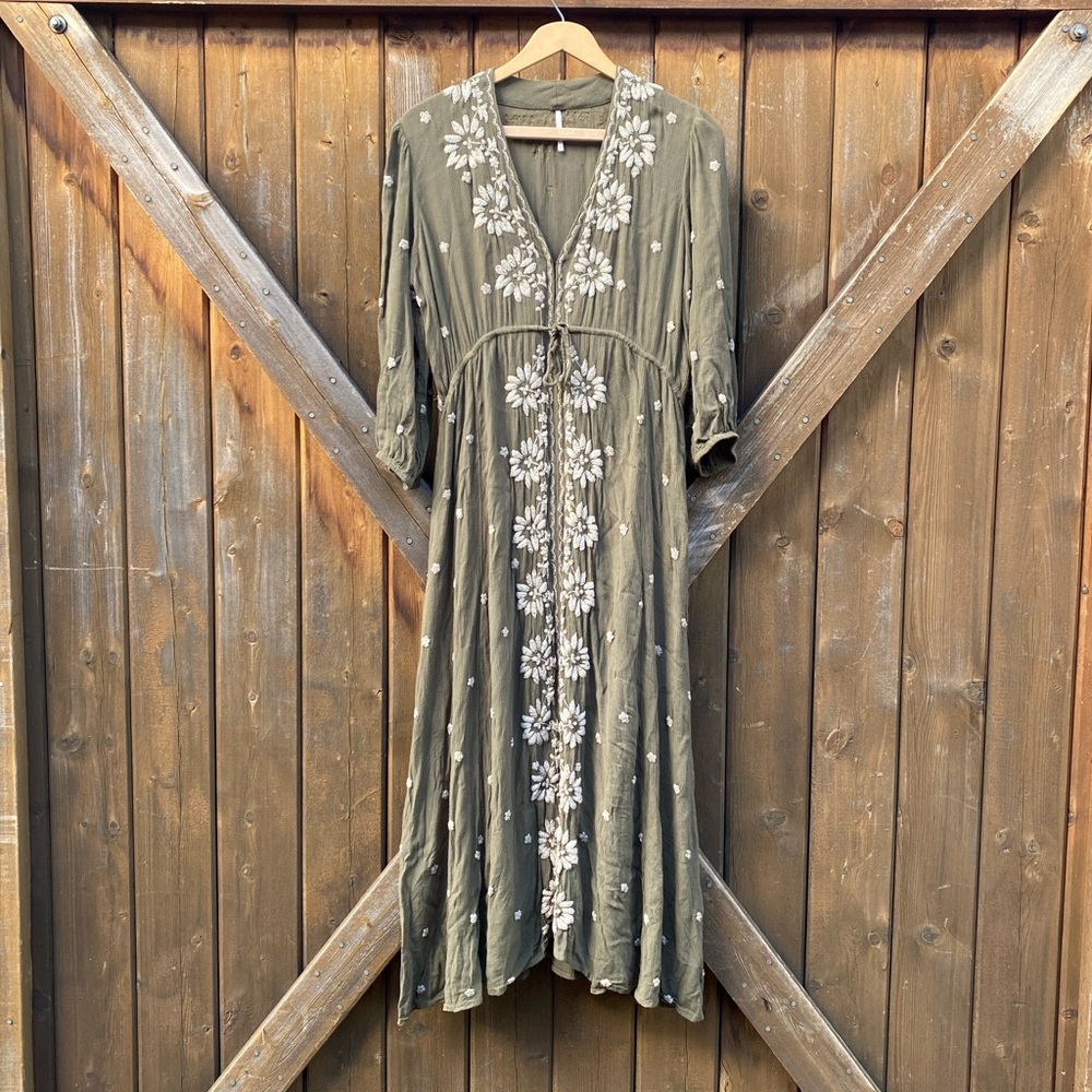 Free People Olive Green Embroidered Maxi Dress